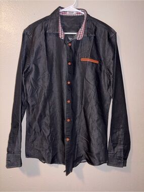 Men's Black Long-Sleeve Button-Up Shirt with Contrast Trim